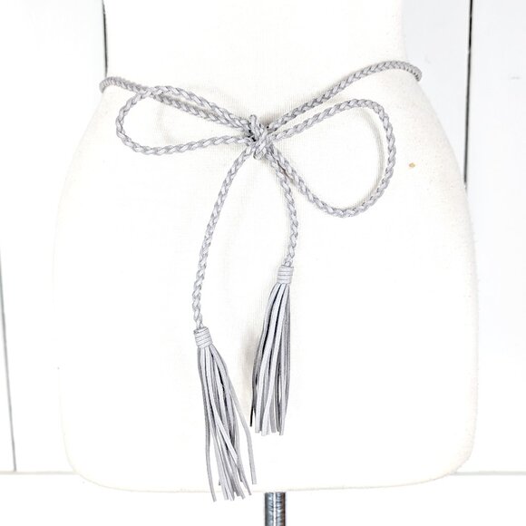 Light grey braided faux suede rope chord fringe tassel tie belt - Picture 1 of 3